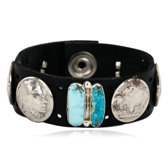 Handmade LEATHER Certified Authentic Vintage Style Buffalo Nickels Navajo .925 Sterling Silver Natural  Turquoise Native American Bracelet 12834-2