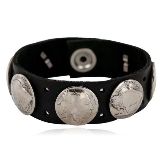 Handmade LEATHER Certified Authentic Vintage Style Buffalo Nickels Navajo Native American Bracelet 1 1288-3