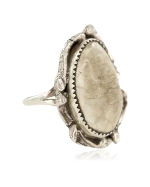 Handmade Navajo Certified Authentic .925 Sterling Silver Natural White Buffalo Native American Ring 18297-1