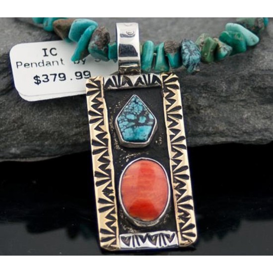 Handmade RARE Certified Authentic Navajo .925 Sterling Silver 12kt Gold Filled Spiny Oyster and Turquoise Native American Necklace 390578017477