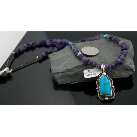 Handmade RARE Certified Authentic Navajo Native .925 Sterling Silver Turquoise and Amethyst Native American Necklace 390574579649