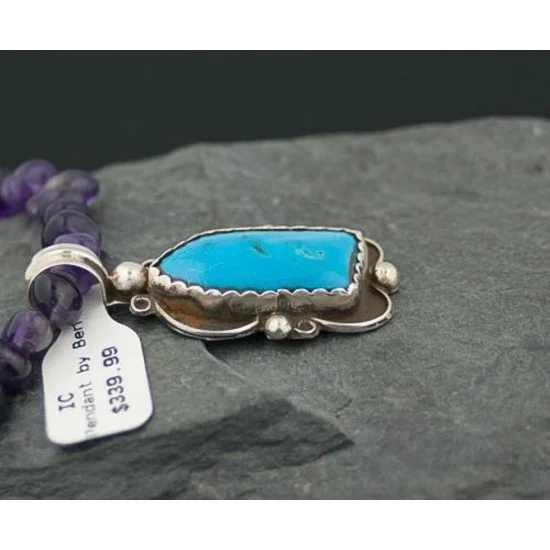 Handmade RARE Certified Authentic Navajo Native .925 Sterling Silver Turquoise and Amethyst Native American Necklace 390574579649