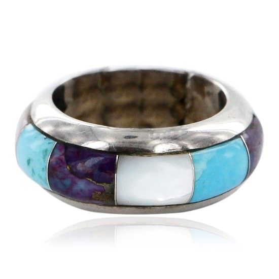 Handmade Signed Certified Authentic Navajo Inlaid .925 Sterling Silver Natural Turquoise Purple Spiny Oyster and Mother of Pearl Native American Ring  16872-0