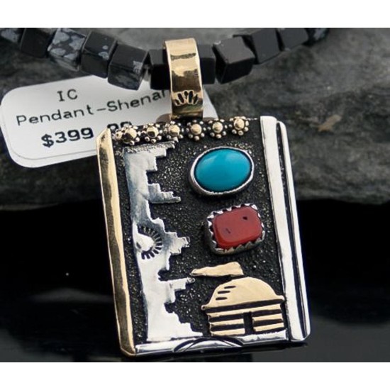 Handmade Village Certified Authentic Navajo .925 Sterling Silver 12kt Gold Filled Turquoise and Coral Native American Necklace 370809820208