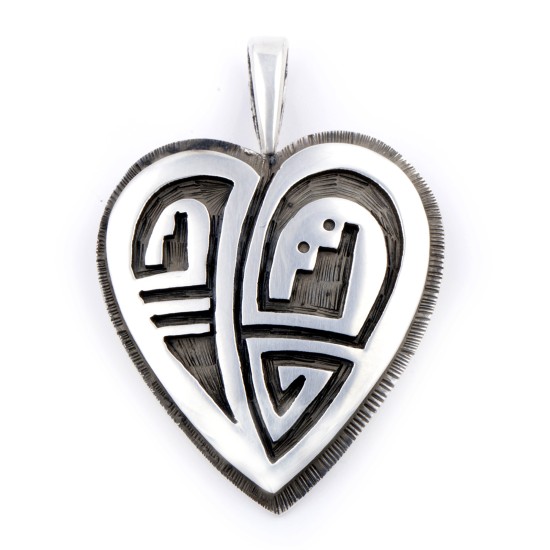 Heart .925 Sterling Silver Certified Authentic Handmade Overlay Hopi Native American Pendant  24543