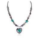 Heart .925 Sterling Silver Certified Authentic Navajo Natural Turquoise Amethyst Hematite Native American Necklace 18276-3