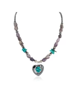 Heart .925 Sterling Silver Certified Authentic Navajo Natural Turquoise Amethyst Hematite Native American Necklace 18276-3