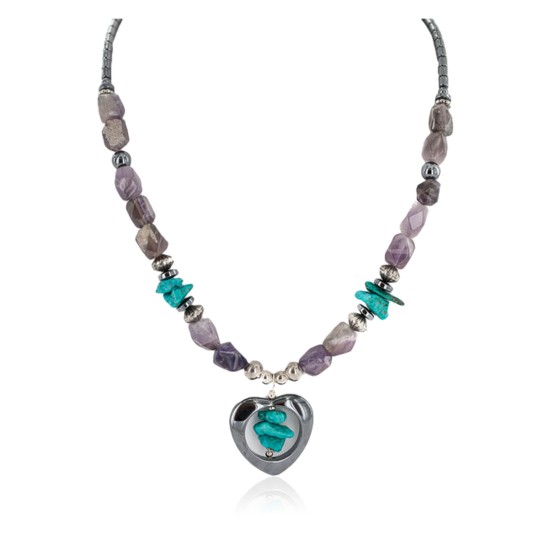 Heart .925 Sterling Silver Certified Authentic Navajo Natural Turquoise Amethyst Hematite Native American Necklace 18276-3