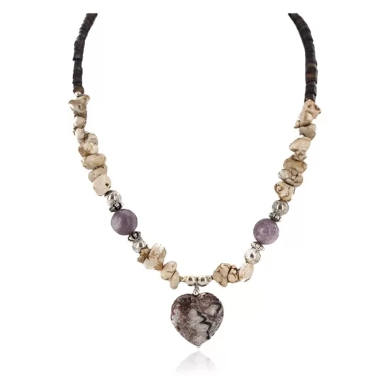 Heart .925 Sterling Silver Certified Authentic Navajo White Howlite Charoite Native American Necklace 15778 Heart .925 Sterling Silver Certified Authentic Navajo White Howlite Charoite Native American Necklace 15778