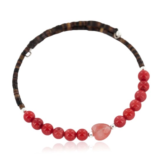 Heart Certified Authentic Navajo Coral Natural Pink Quartz Heishi Native American Adjustable Wrap Bracelet 13151-2