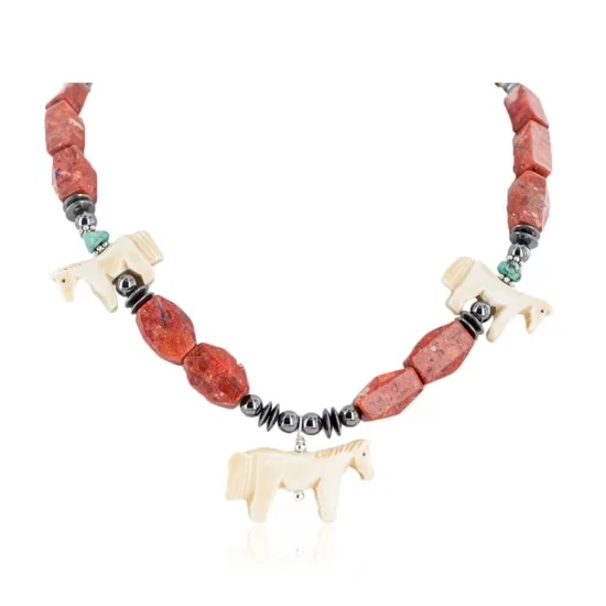 Horse Certified Authentic Navajo .925 Sterling Silver Bone Natural Turquoise Coral Hematite Native American Necklace 17090 Horse Certified Authentic Navajo .925 Sterling Silver Bone Natural Turquoise Coral Hematite Native American Necklace 17090