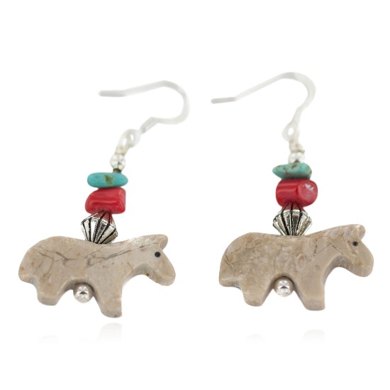 Horse Certified Authentic Navajo .925 Sterling Silver Hooks Natural Turquoise and Jasper Coral Dangle Native American Earrings 97002-14