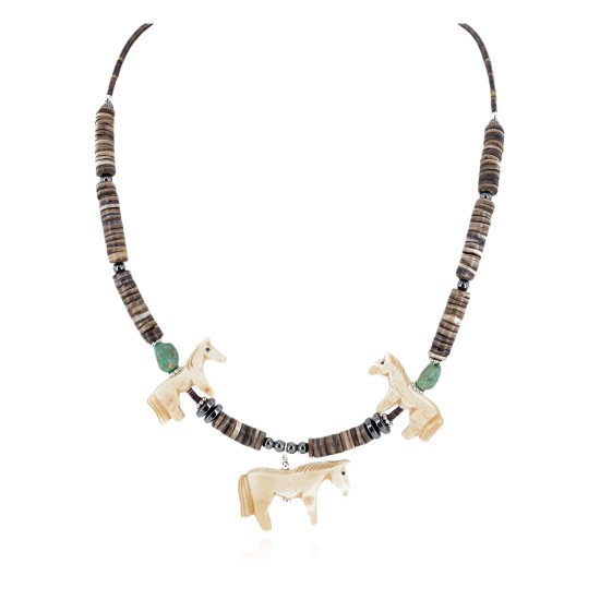 Horse Certified Authentic Navajo .925 Sterling Silver Natural Graduated Melon Shell Turquoise Bone Native American Necklace 750188-2
