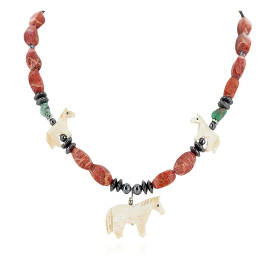 Horse Certified Authentic Navajo .925 Sterling Silver Natural Turquoise Coral Bone Hematite Native American Necklace 16038-2