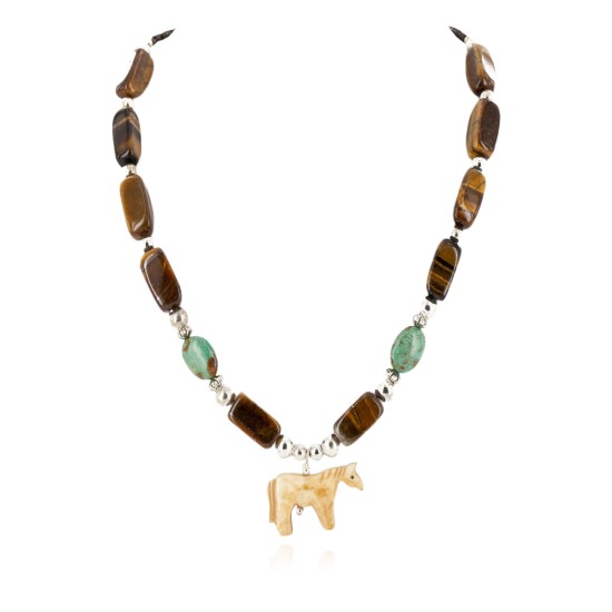 Horse Certified Authentic Navajo .925 Sterling Silver Natural Turquoise Tigers Eye Alabaser Native American Necklace 790105-4