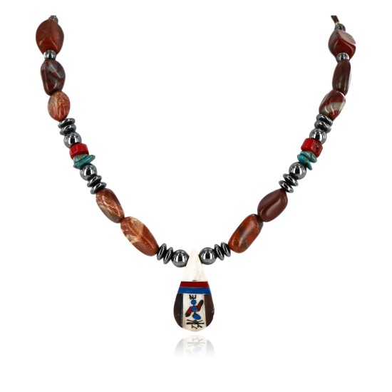 Inlaid Certified Authentic Navajo .925 Sterling Silver Turquoise Coral Jasper Hematite Native American Necklace 750181-3