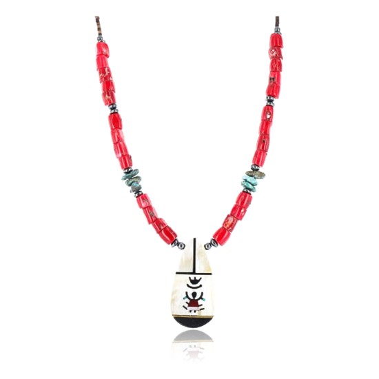 InlaidCertified Authentic Navajo .925 Sterling Silver Coral Turquoise Native American Necklace 750108-3