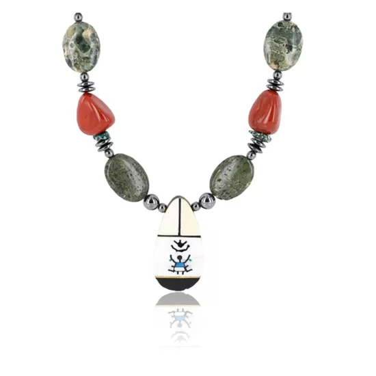 InlaidCertified Authentic Navajo .925 Sterling Silver Jasper Turquoise Native American Necklace 15880-2 InlaidCertified Authentic Navajo .925 Sterling Silver Jasper Turquoise Native American Necklace 15880-2