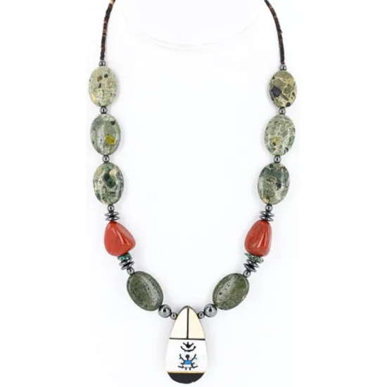 InlaidCertified Authentic Navajo .925 Sterling Silver Jasper Turquoise Native American Necklace 15880-2 InlaidCertified Authentic Navajo .925 Sterling Silver Jasper Turquoise Native American Necklace 15880-2