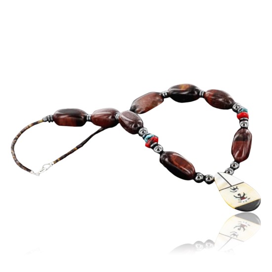 InlaidCertified Authentic Navajo .925 Sterling Silver Tigers Eye Coral Native American Necklace 390806988433