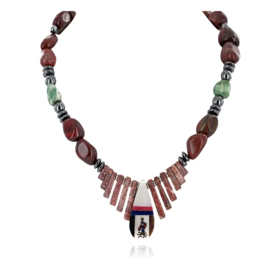 Inlay Certified Authentic Navajo .925 Sterling Silver Natural Turquoise Red Jasper Hematite Coral Mother of Pearl and Black Onyx Native American Necklace 750179-2 Inlay Certified Authentic Navajo .925 Sterling Silver Natural Turquoise Red Jasper Hematite Coral Mother of Pearl and Black Onyx Native American Necklace 750179-2