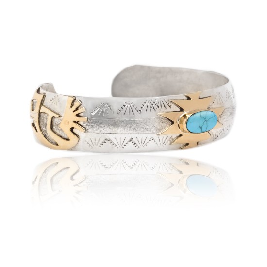 Kokopelli 12kt Gold Filled and .925 Sterling Silver Certified Authentic Handmade Delicate Navajo Native American Natural Turquoise Cuff Bracelet 12966-5