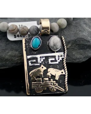 Large 12kt Gold Filled, Handmade Bear Wagon Turquoise .925 Sterling Silver Certified Authentic Navajo 1 Native American Necklace 390589681820