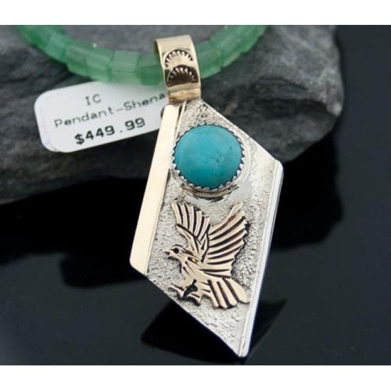Large 12kt Gold Filled Handmade Eagle Natural Turquoise .925 Sterling Silver Certified Authentic Navajo Native American Necklace 390586628620