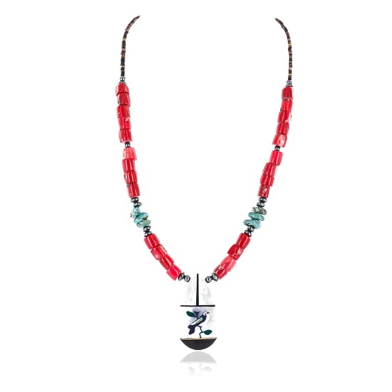 Large $270 Inlaid BirdCertified Authentic Navajo .925 Sterling Silver Coral Hematite Turquoise Native American Necklace 370999096148