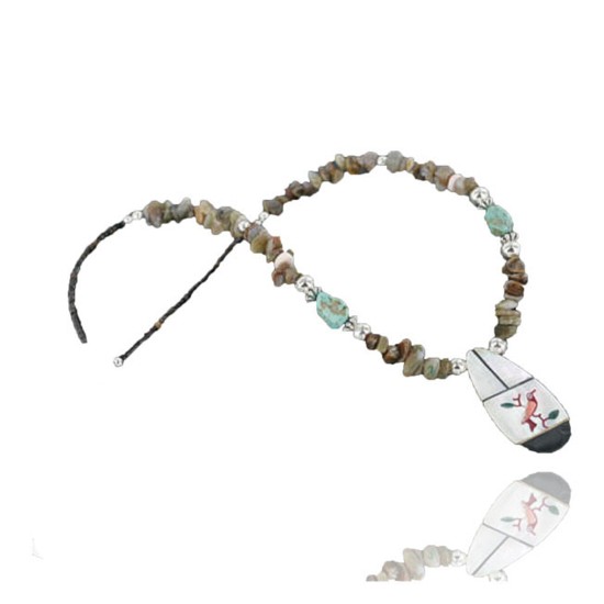 Large $300 Inlaid BirdCertified Authentic Navajo .925 Sterling Silver Natural Agate and Turquoise Native American Necklace 15151-39