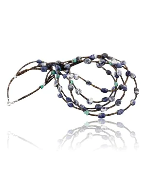 Large $400 Certified Authentic 5 Strand Navajo .925 Sterling Silver Turquoise and Lapis Native American Necklace 15735-1