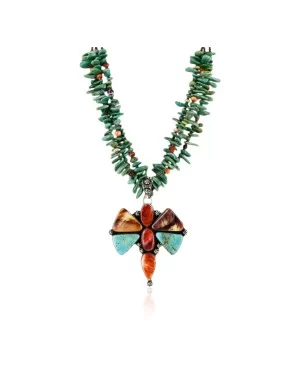 Large Butterfly Handmade Certified Authentic Navajo .925 Sterling Silver Signed Turquoise Spiny Oyster Native American Necklace 24101