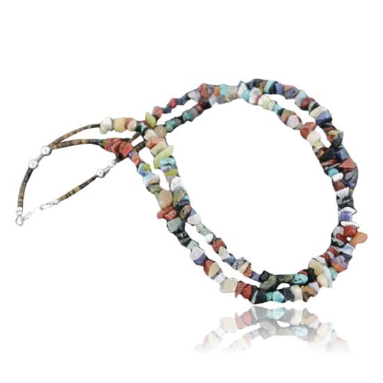 Large Certified Authentic 2 Strand Navajo .925 Sterling Silver Multicolor Natural Stone Native American Necklace 15501-125