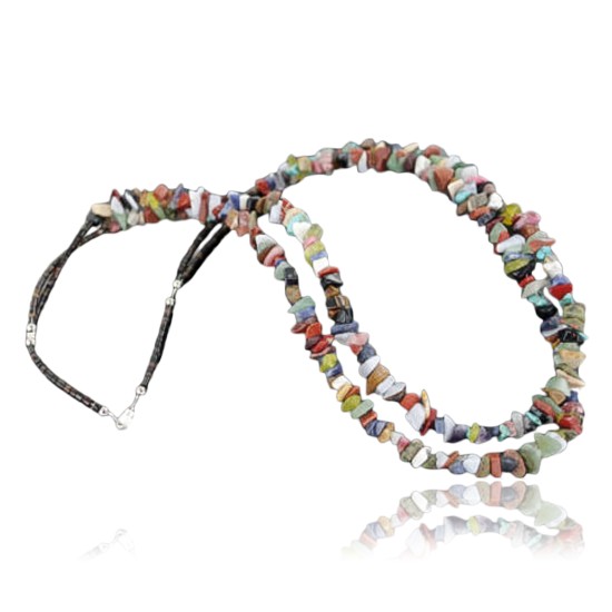 Large Certified Authentic 2 Strand Navajo .925 Sterling Silver Multicolor Stones Native American Necklace 15501-5