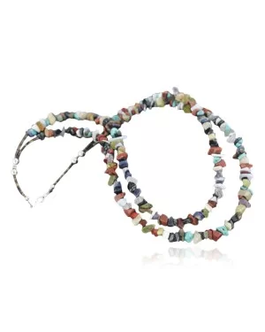 Large Certified Authentic 2 Strand Navajo .925 Sterling Silver Multicolor Stones Native American Necklace 15501-6