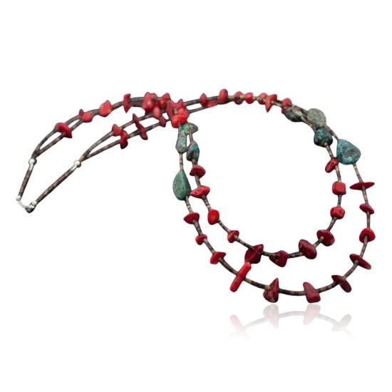 Large Certified Authentic 2 Strand Navajo .925 Sterling Silver Natural Turquoise and Coral Native American Necklace 370834465459