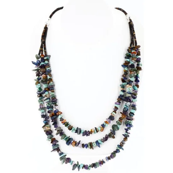 Large Certified Authentic 3 Strand Navajo .925 Sterling Silver Multicolor Stones Native American Necklace 15795-7