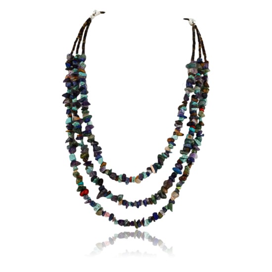 Large Certified Authentic 3 Strand Navajo .925 Sterling Silver Multicolor Stones Native American Necklace 370989782913