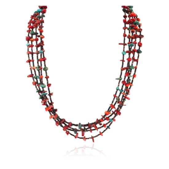 Large Certified Authentic 5 Strands Navajo Native .925 Sterling Silver Turquoise and Coral Native American Necklace 750132-3