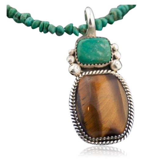 Large Certified Authentic Navajo .925 Sterling Silver Natural Turquoise and Tigers Eye Native American Necklace 390605187248