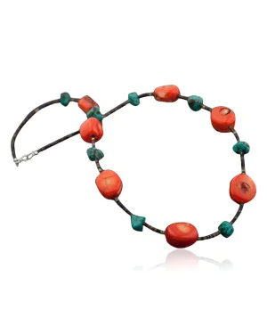Large Certified Authentic Navajo .925 Sterling Silver Turquoise and Coral Native American Necklace 370819474811