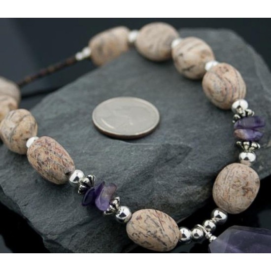 Large Certified Authentic Navajo Native .925 Sterling Silver Boulder Turquoise and Amethyst Native American Necklace 750103-62 Large Certified Authentic Navajo Native .925 Sterling Silver Boulder Turquoise and Amethyst Native American Necklace 750103-62