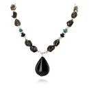 Large Certified Authentic Navajo Native .925 Sterling Silver Natural Boulder and Turquoise Smoky Quartz Native American Necklace 24372-2