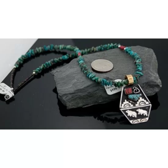Large Handmade Bear RARE Certified Authentic Navajo Native .925 Sterling Silver Gold Filled Turquoise Native American Necklace 370789163269