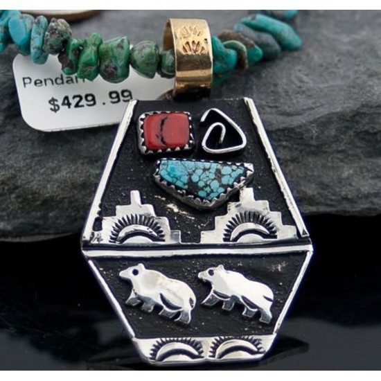 Large Handmade Bear RARE Certified Authentic Navajo Native .925 Sterling Silver Gold Filled Turquoise Native American Necklace 370789163269