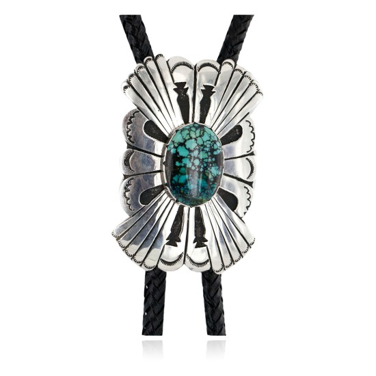 Large Handmade Certified Authentic Leather Navajo .925 Sterling Silver Natural Turquoise Native American Bolo Tie  24416