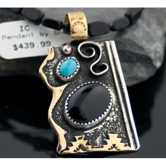 Large Handmade Certified Authentic Navajo .925 Sterling Silver 12kt Gold Filled Turquoise and Black Onyx Native American Necklace 370802519911