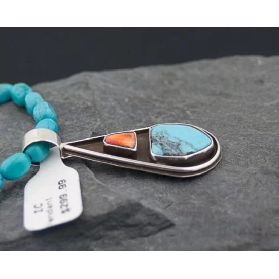 Large Handmade Certified Authentic Navajo Native .925 Sterling Silver Turquoise and Spiny Oyster Native American Necklace 370801014475 Large Handmade Certified Authentic Navajo Native .925 Sterling Silver Turquoise and Spiny Oyster Native American Necklace 370801014475