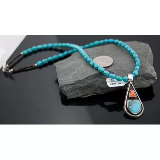 Large Handmade Certified Authentic Navajo Native .925 Sterling Silver Turquoise and Spiny Oyster Native American Necklace 370801014475 Large Handmade Certified Authentic Navajo Native .925 Sterling Silver Turquoise and Spiny Oyster Native American Necklace 370801014475