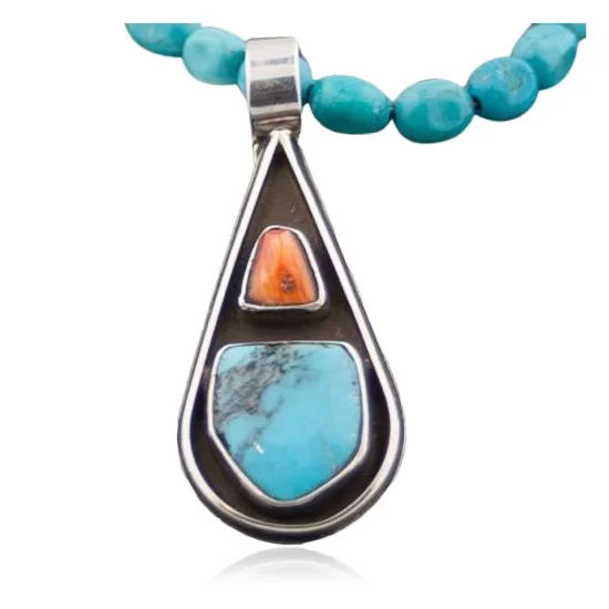 Large Handmade Certified Authentic Navajo Native .925 Sterling Silver Turquoise and Spiny Oyster Native American Necklace 370801014475 Large Handmade Certified Authentic Navajo Native .925 Sterling Silver Turquoise and Spiny Oyster Native American Necklace 370801014475